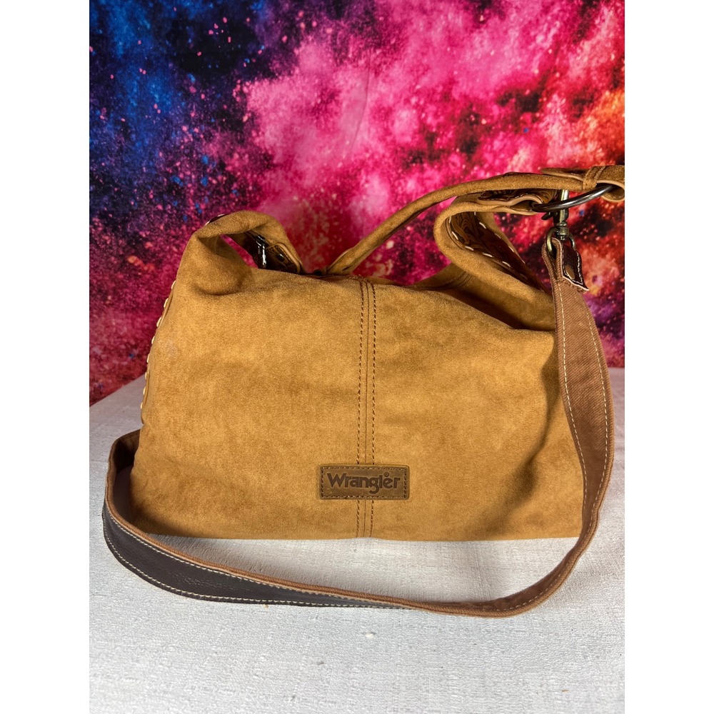 Wrangler Tan Faux Suede Hobo Bag Floral Tooled Leather Accents Western Shoulder